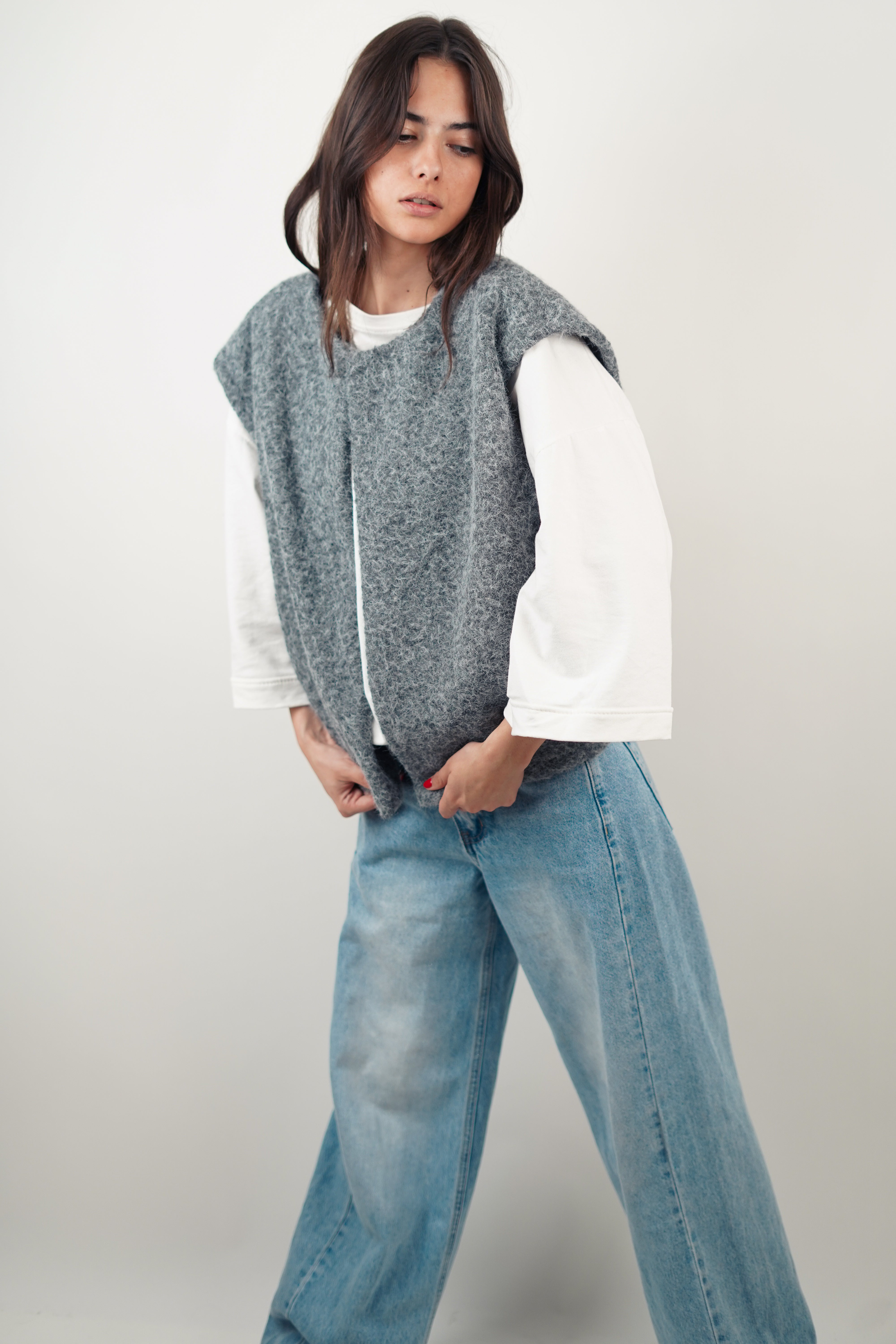 Dame vest | Langt strikvest uden ærmer