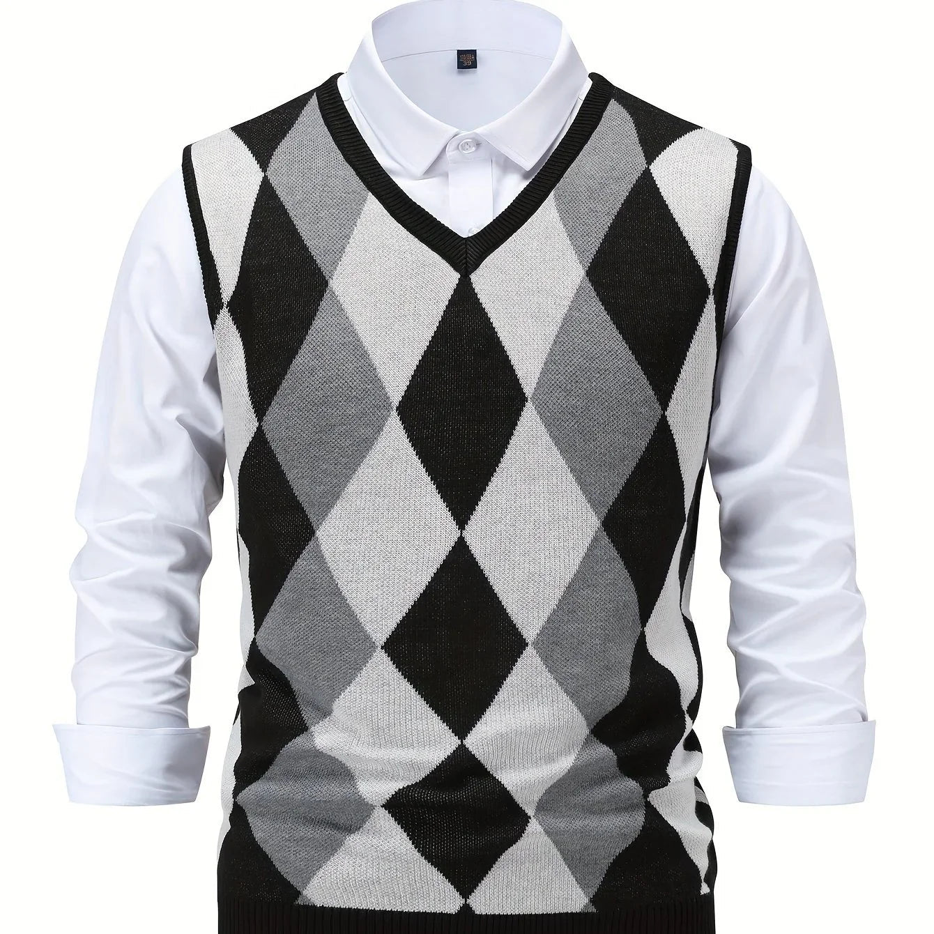 Herre pullover | Strikket v-hals sweater uden ærmer med ternet mønster