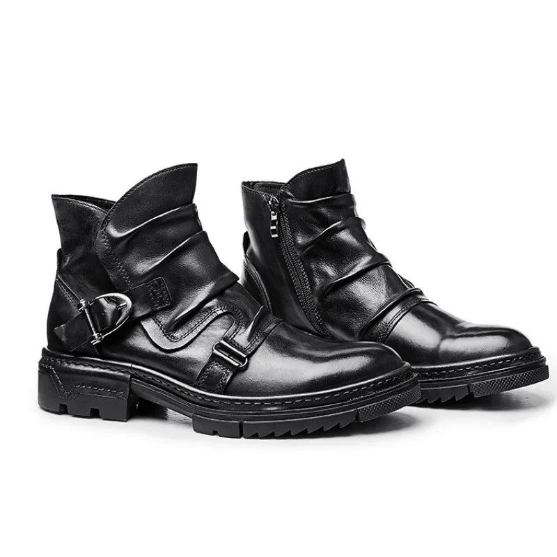 Herre boots | Læder biker støvler med lynlås og spænde