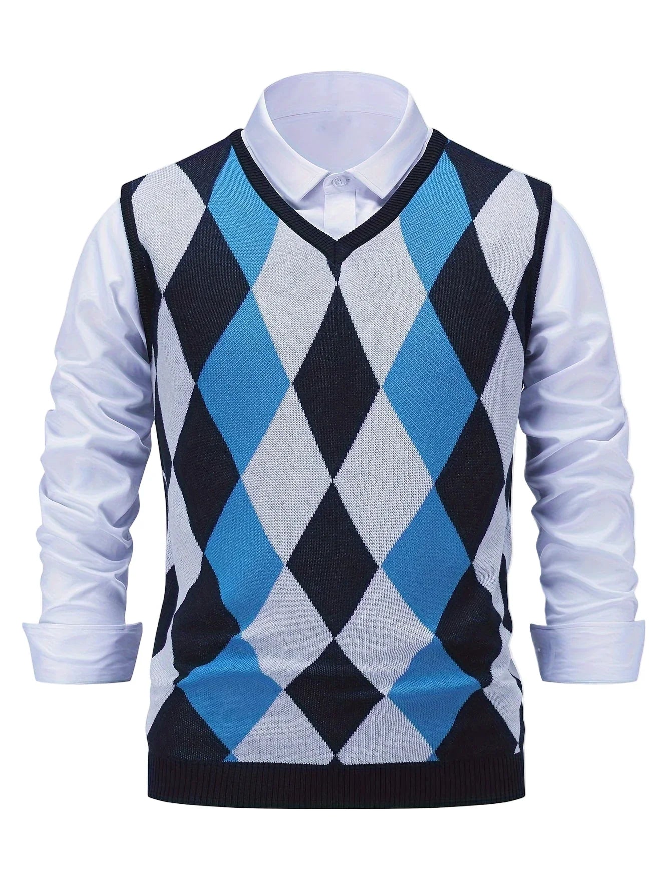 Herre pullover | Strikket v-hals sweater uden ærmer med ternet mønster