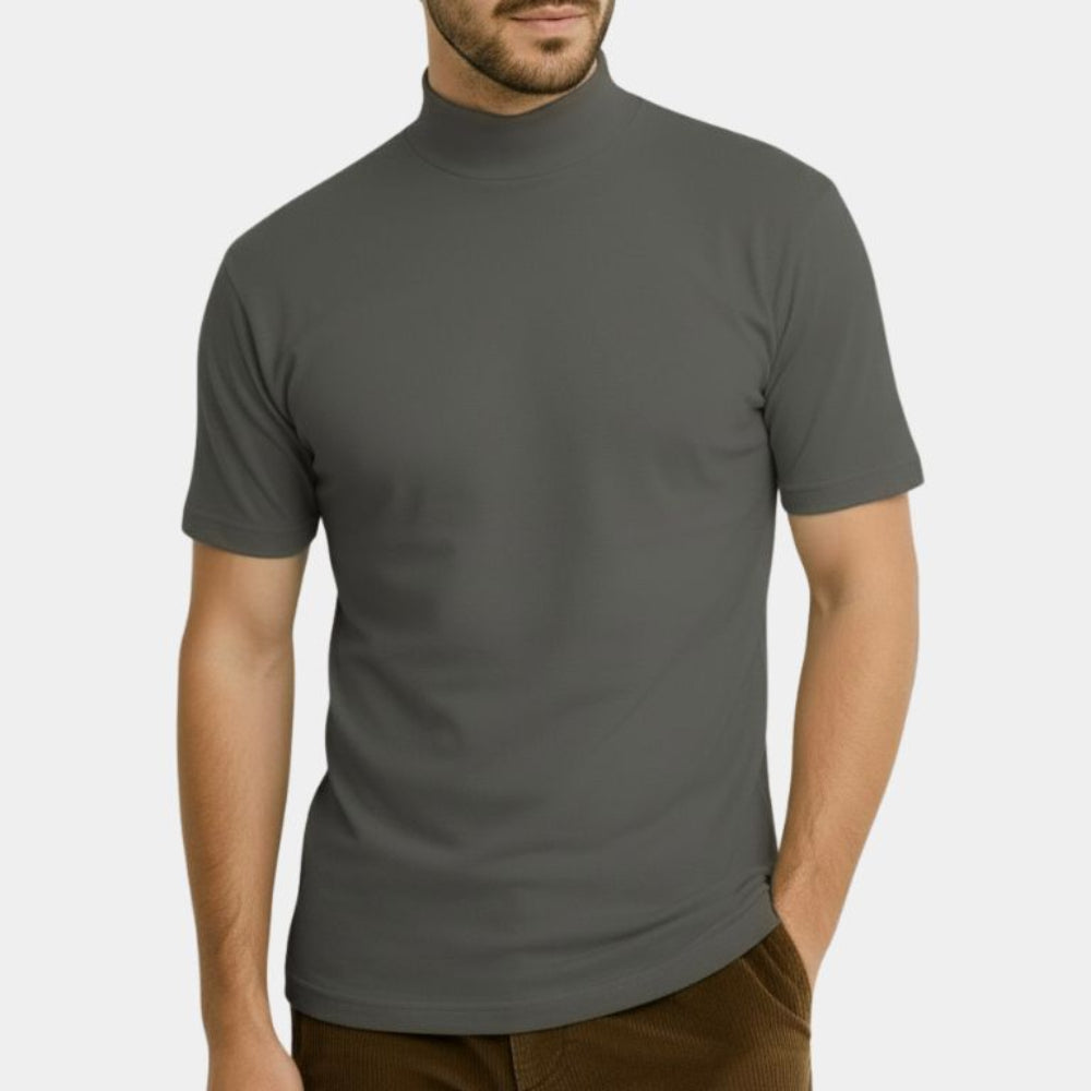 Ensfarvet kortærmet T-shirt med høj hals til mænd