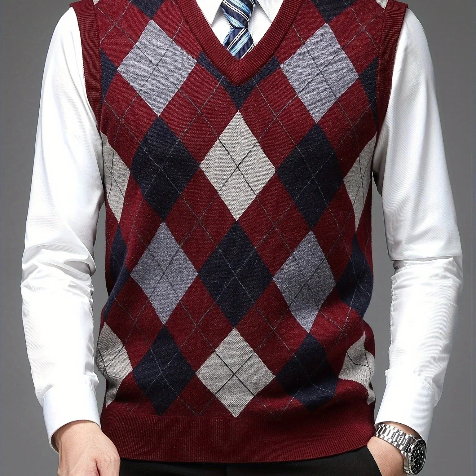 Herre pullover | Argyle strikket vest uden ærmer v-hals