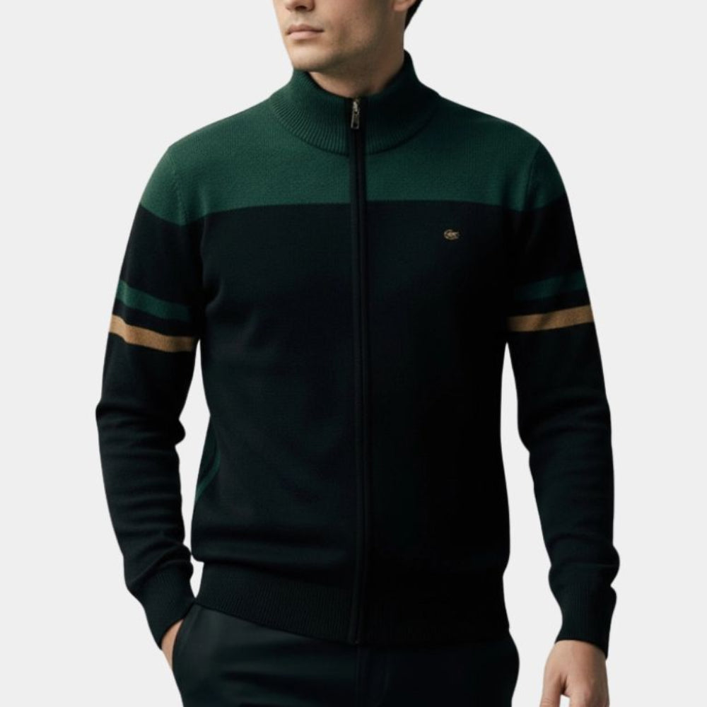 Strikket cardigan med lynlås og opretstående krave til mænd