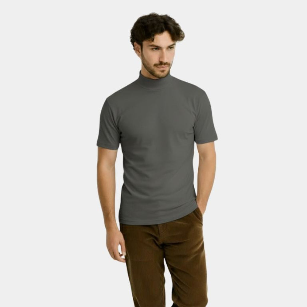 Ensfarvet kortærmet T-shirt med høj hals til mænd