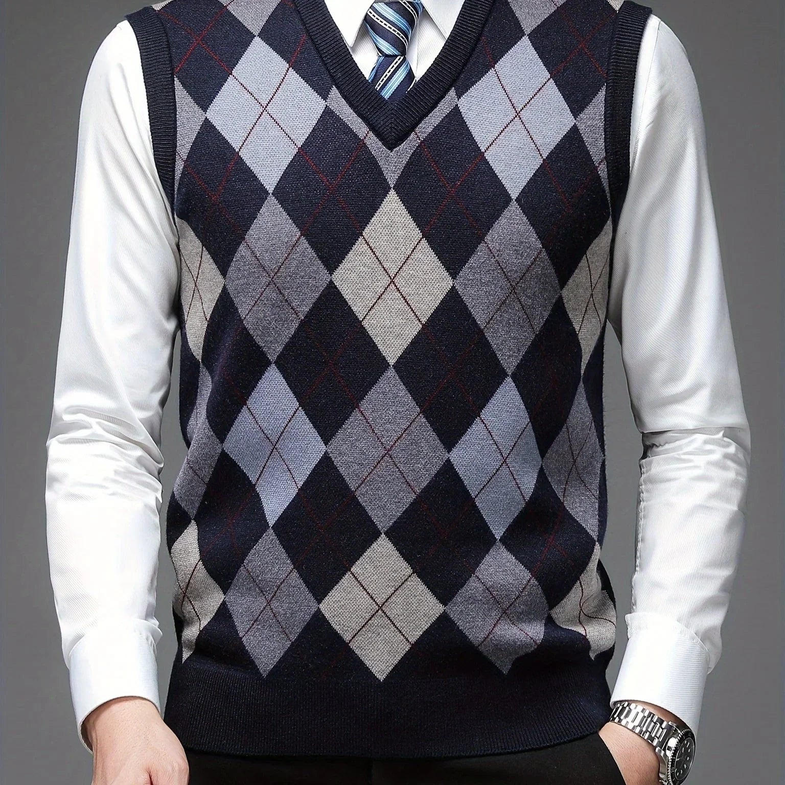 Herre pullover | Argyle strikket vest uden ærmer v-hals