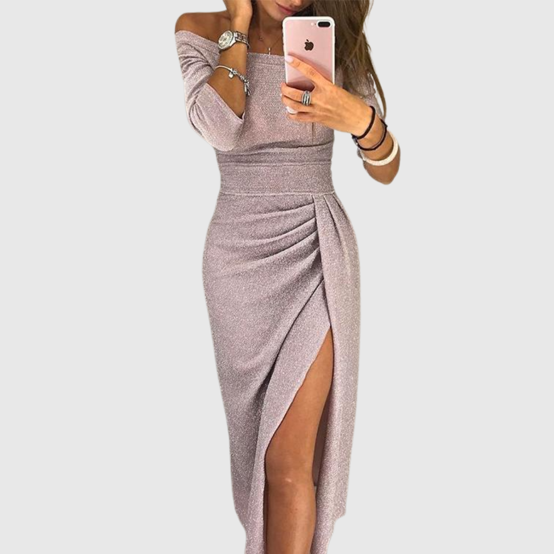 Elegant lang kjole | Slids, off-shoulder hals og figursyet pasform