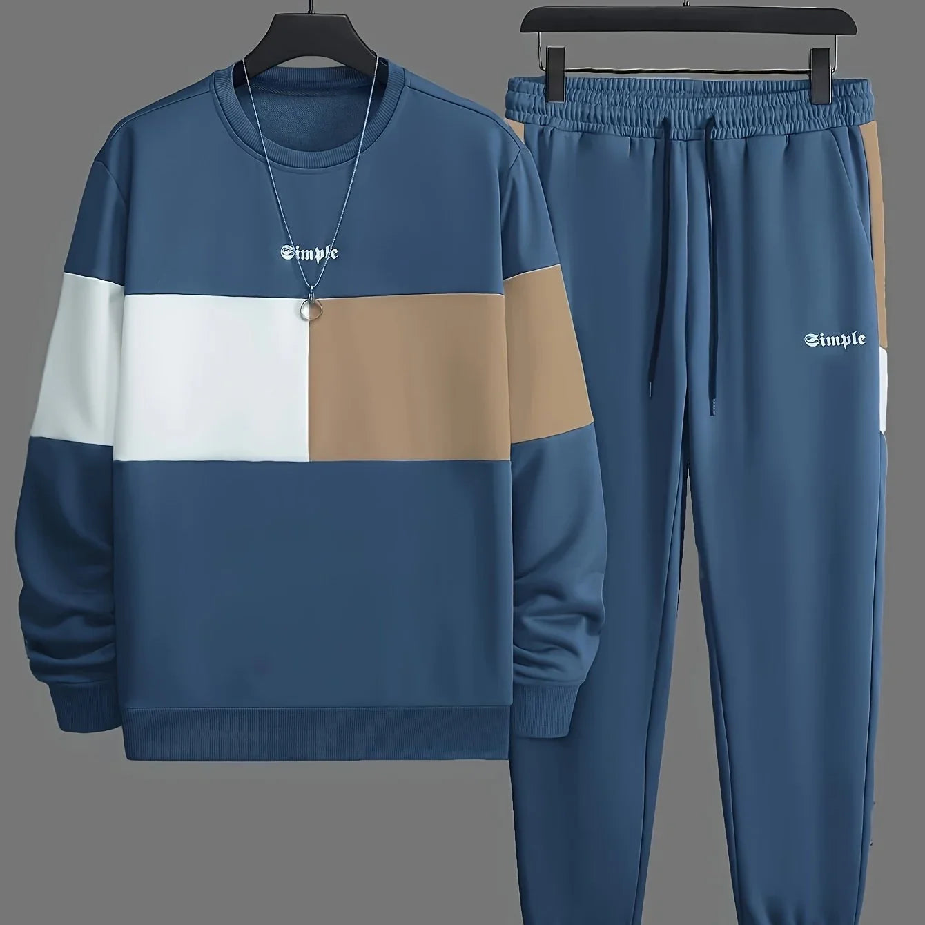 Herre træningsdragt | Beige colorblock sweater med joggingbukser
