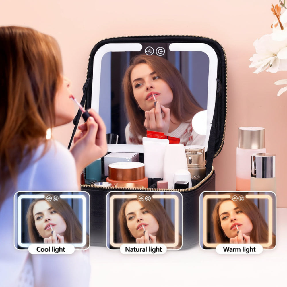 Rejse makeup organizer med LED-spejl