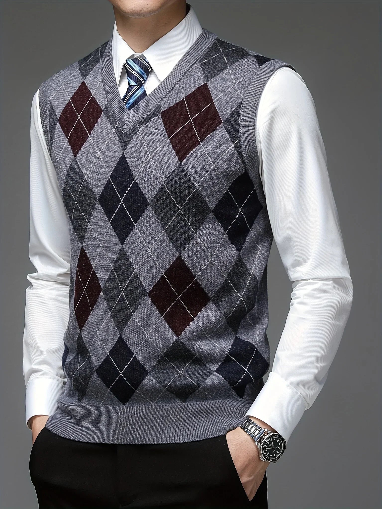 Herre pullover | Argyle strikket vest uden ærmer v-hals