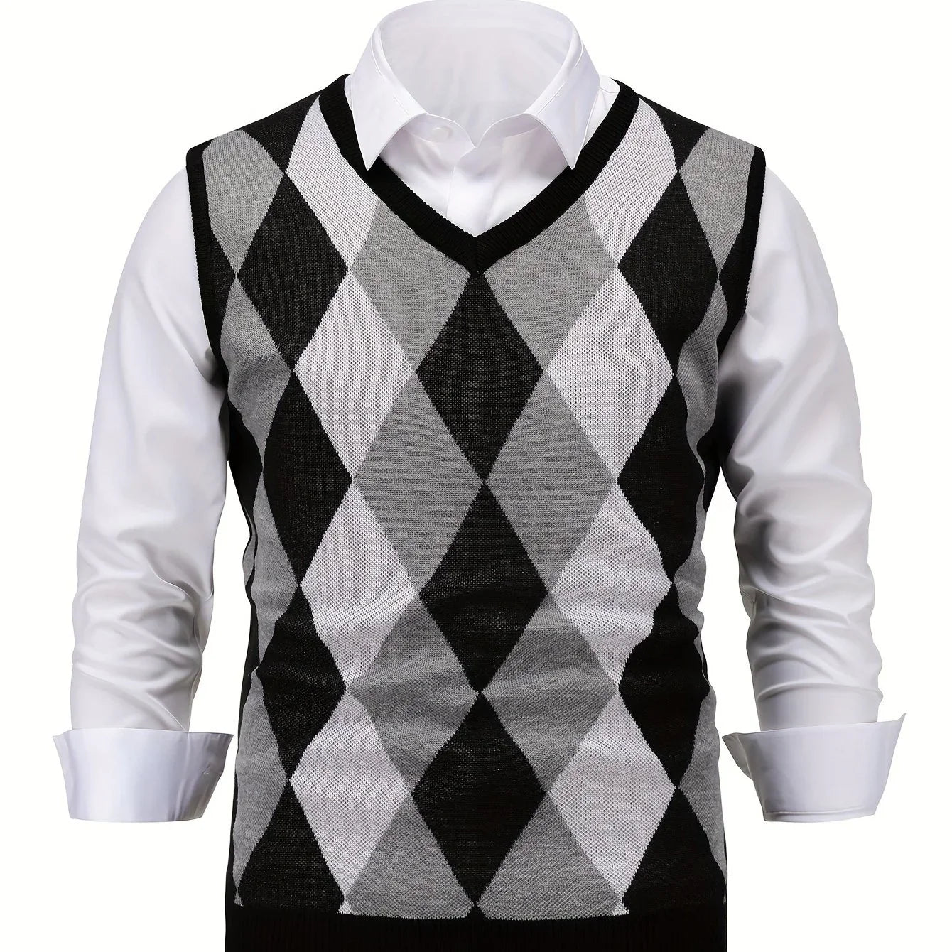 Herre pullover | Strikket v-hals sweater uden ærmer med ternet mønster