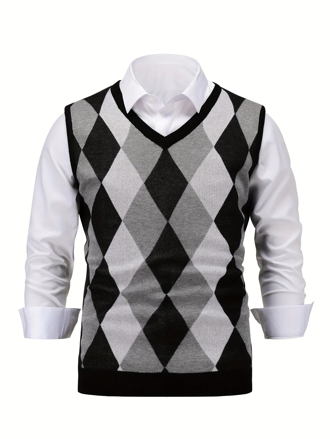 Herre pullover | Strikket v-hals sweater uden ærmer med ternet mønster