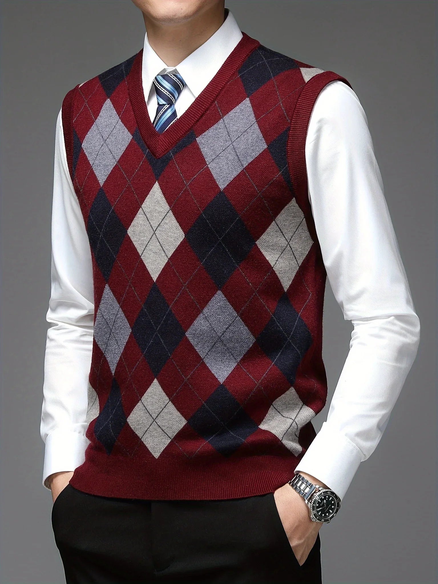 Herre pullover | Argyle strikket vest uden ærmer v-hals