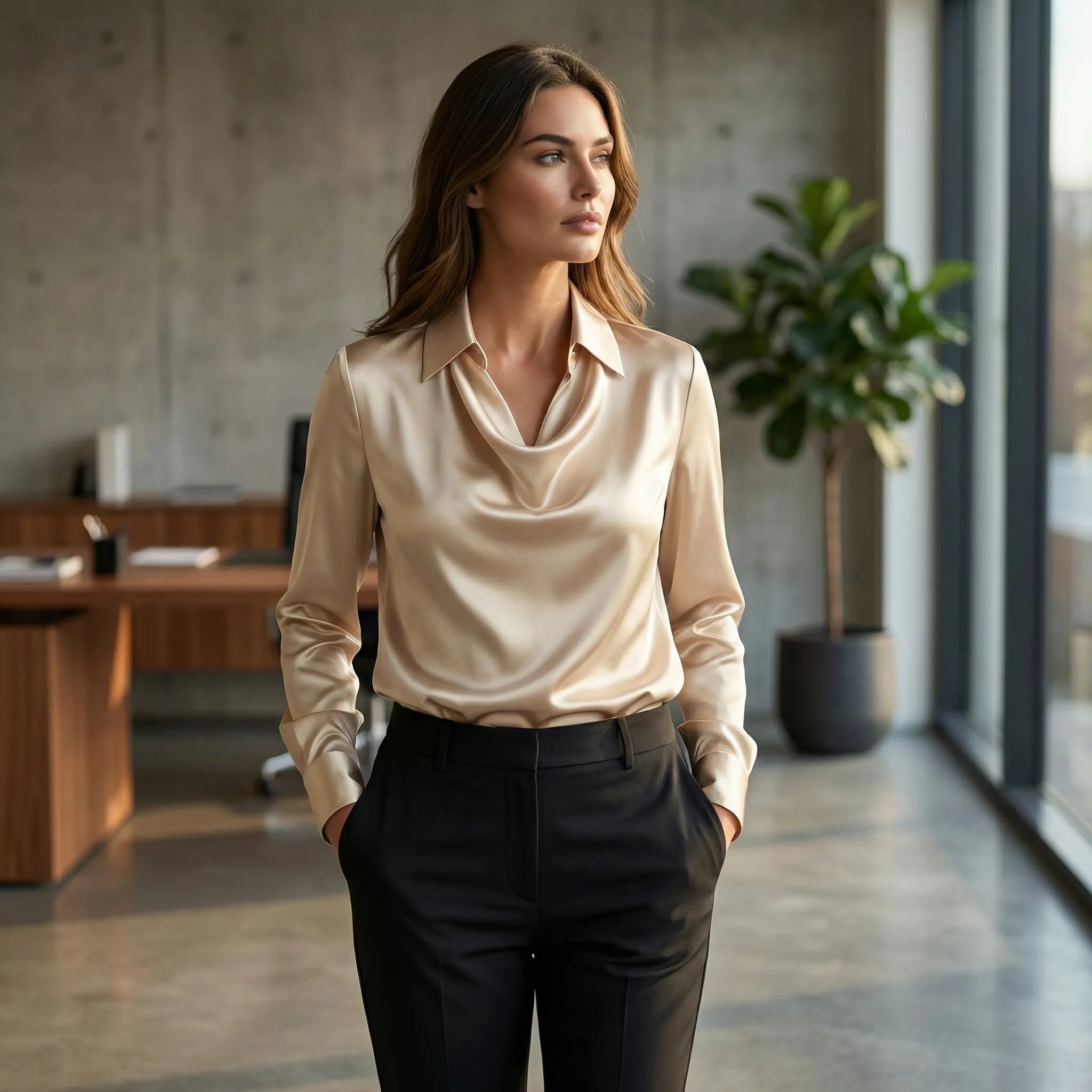 Elegant satintop dame | Stilfuld bluse med krave