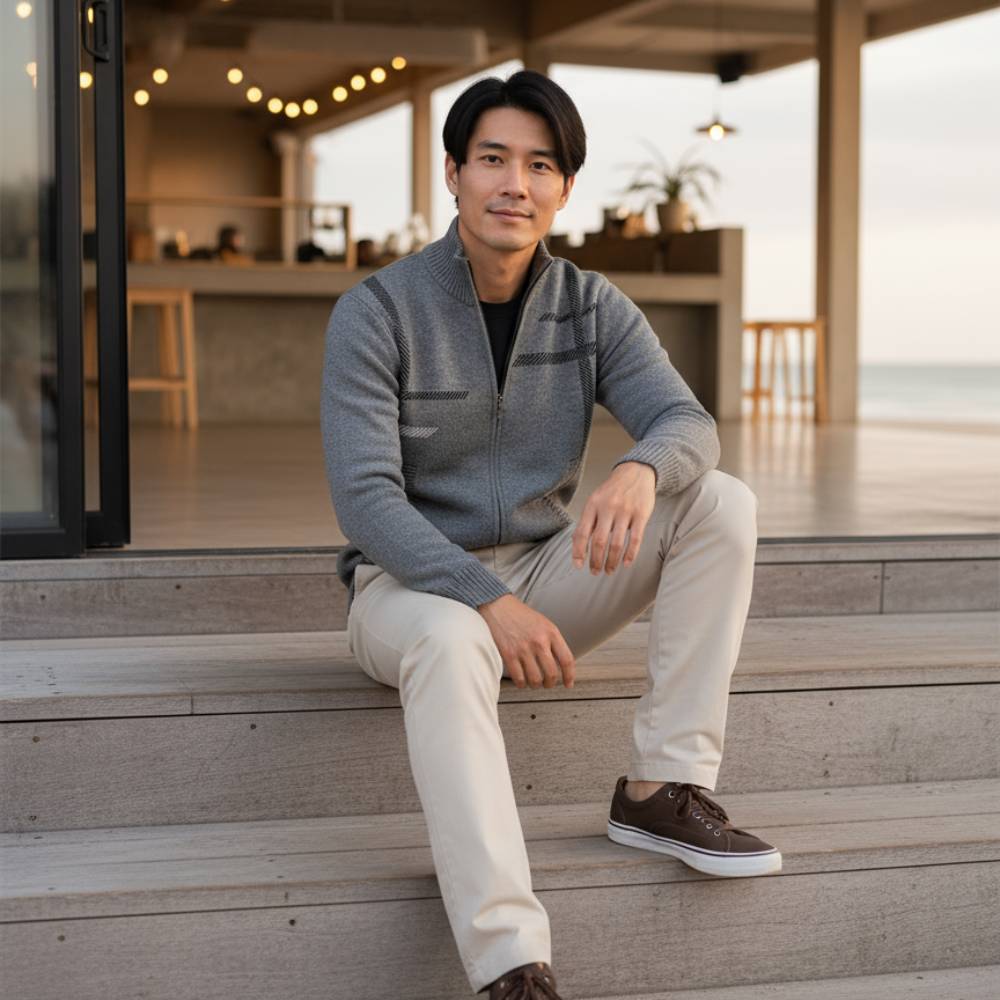 Strikket herre cardigan | Varmt vest med linjemønster