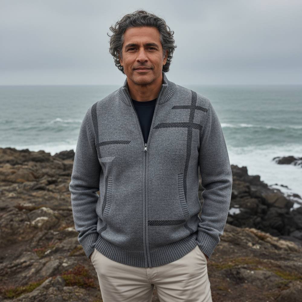 Strikket herre cardigan | Varmt vest med linjemønster