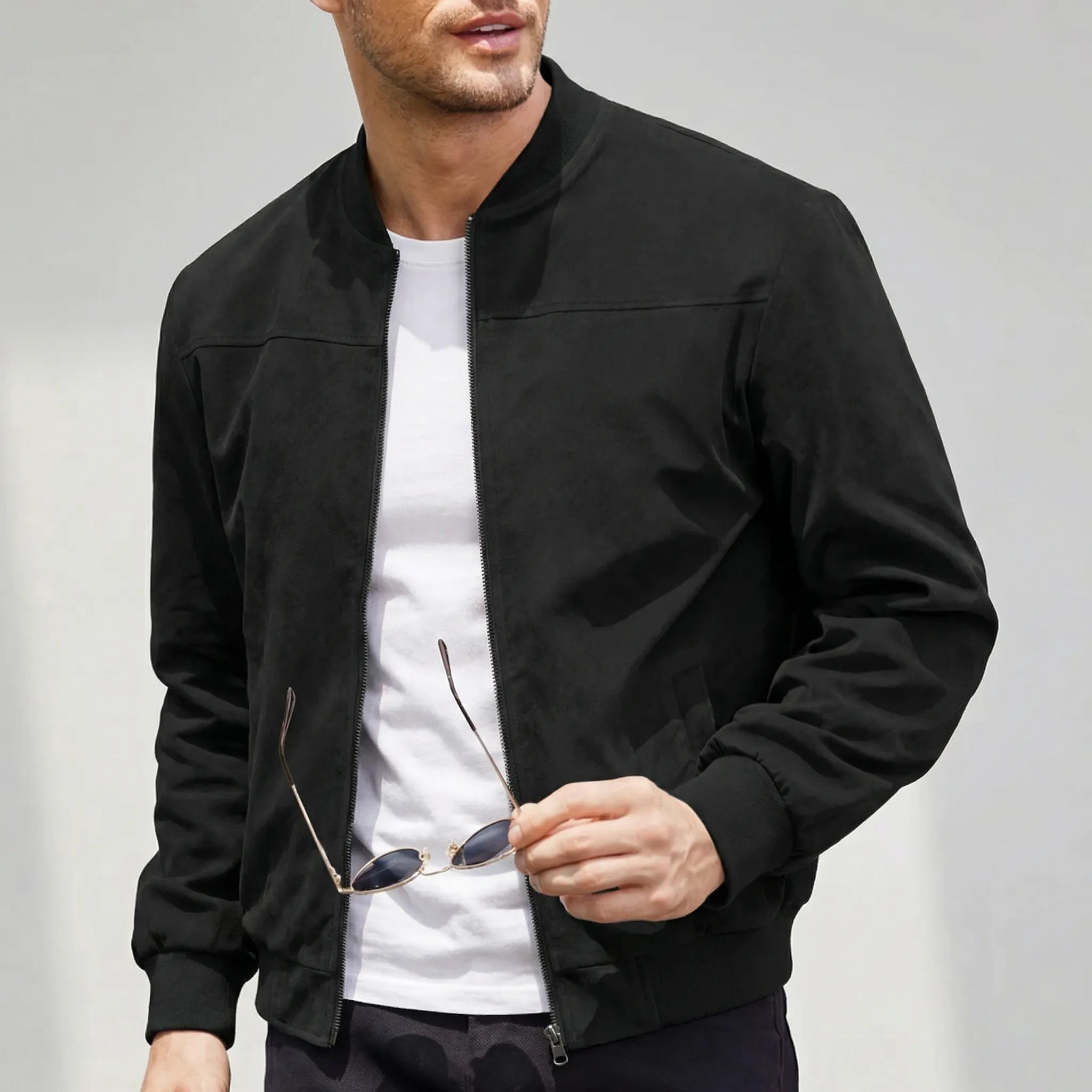 Veste mi-longue pour homme | Veste en velours avec fermeture éclair et aspect daim