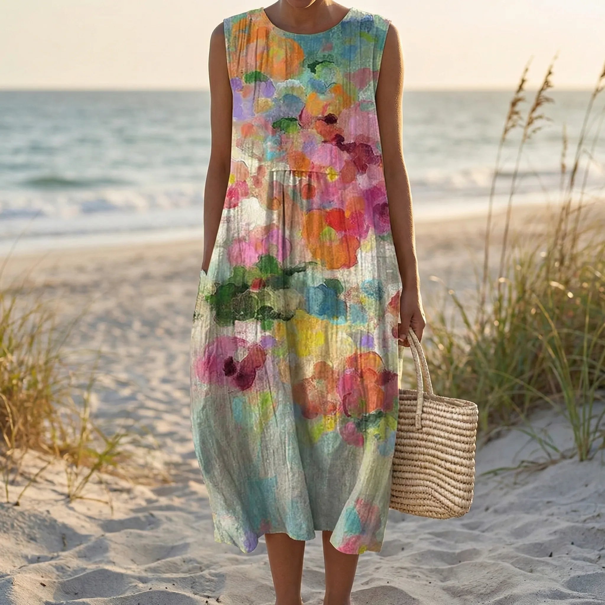 Kjole dame | Midi kjole med abstrakt print