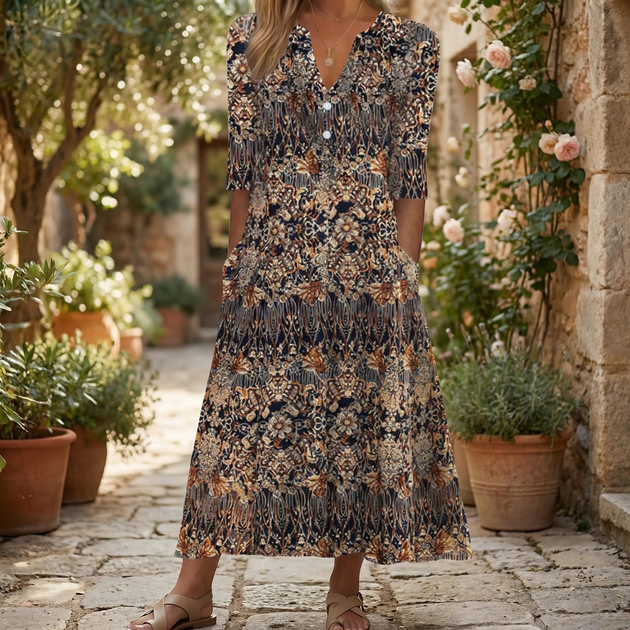 Kjole dame | Print kjole med v hals og knapper