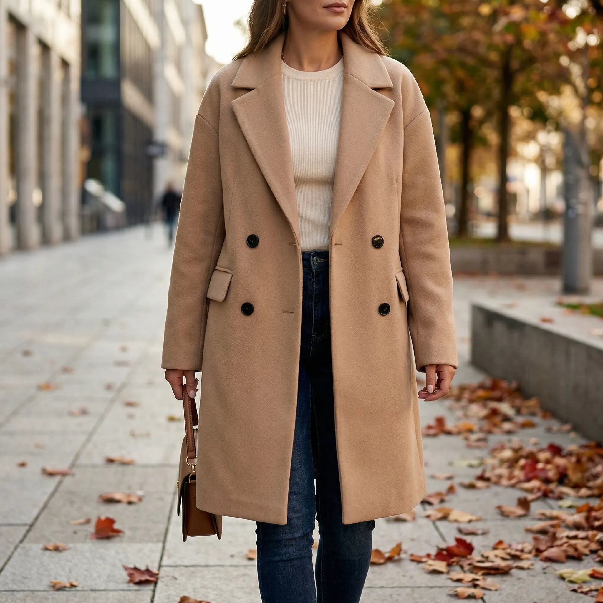 Lang damefrakke | Ulden frakke med knapper og reverskrave