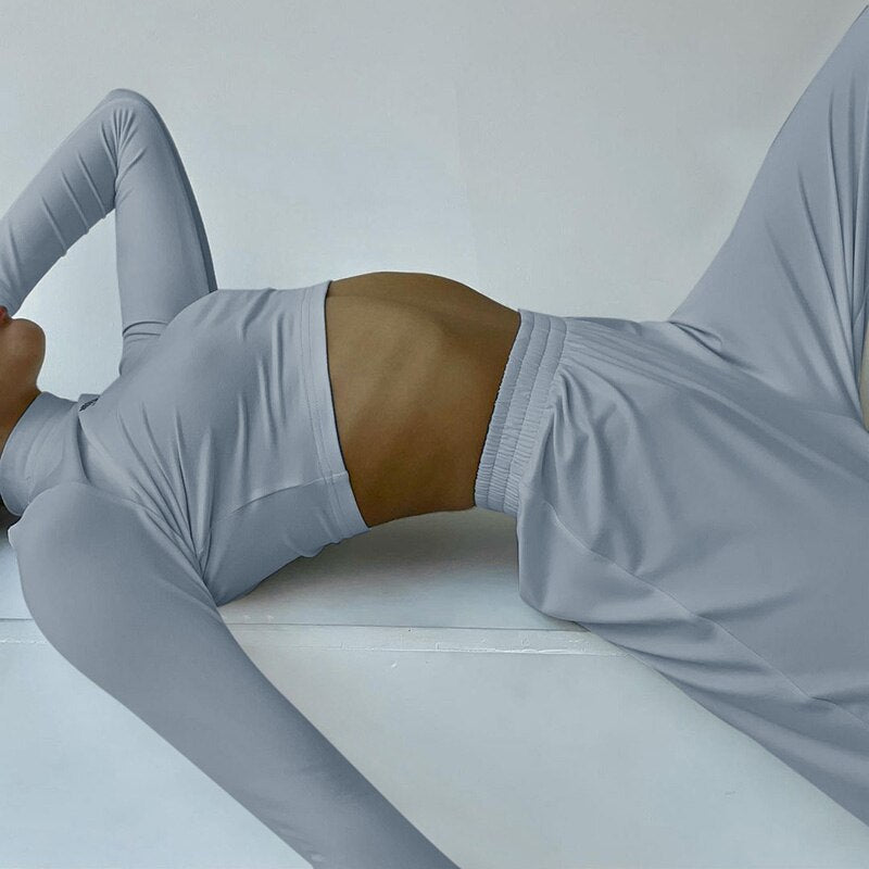 Loungewear sæt dame | Crop top med lange ærmer og brede bukser