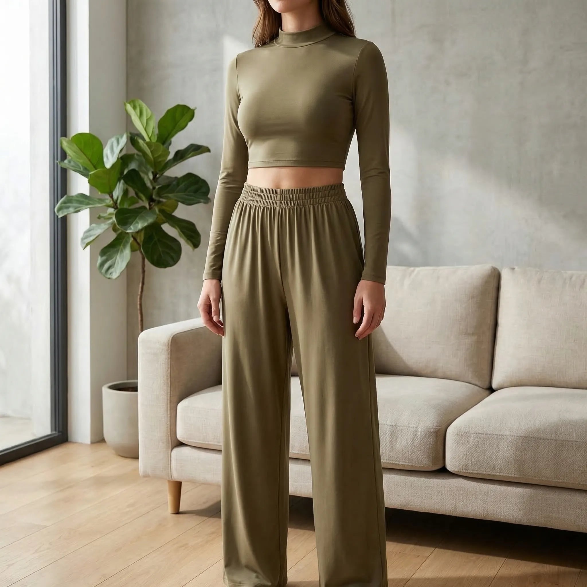 Loungewear sæt dame | Crop top med lange ærmer og brede bukser