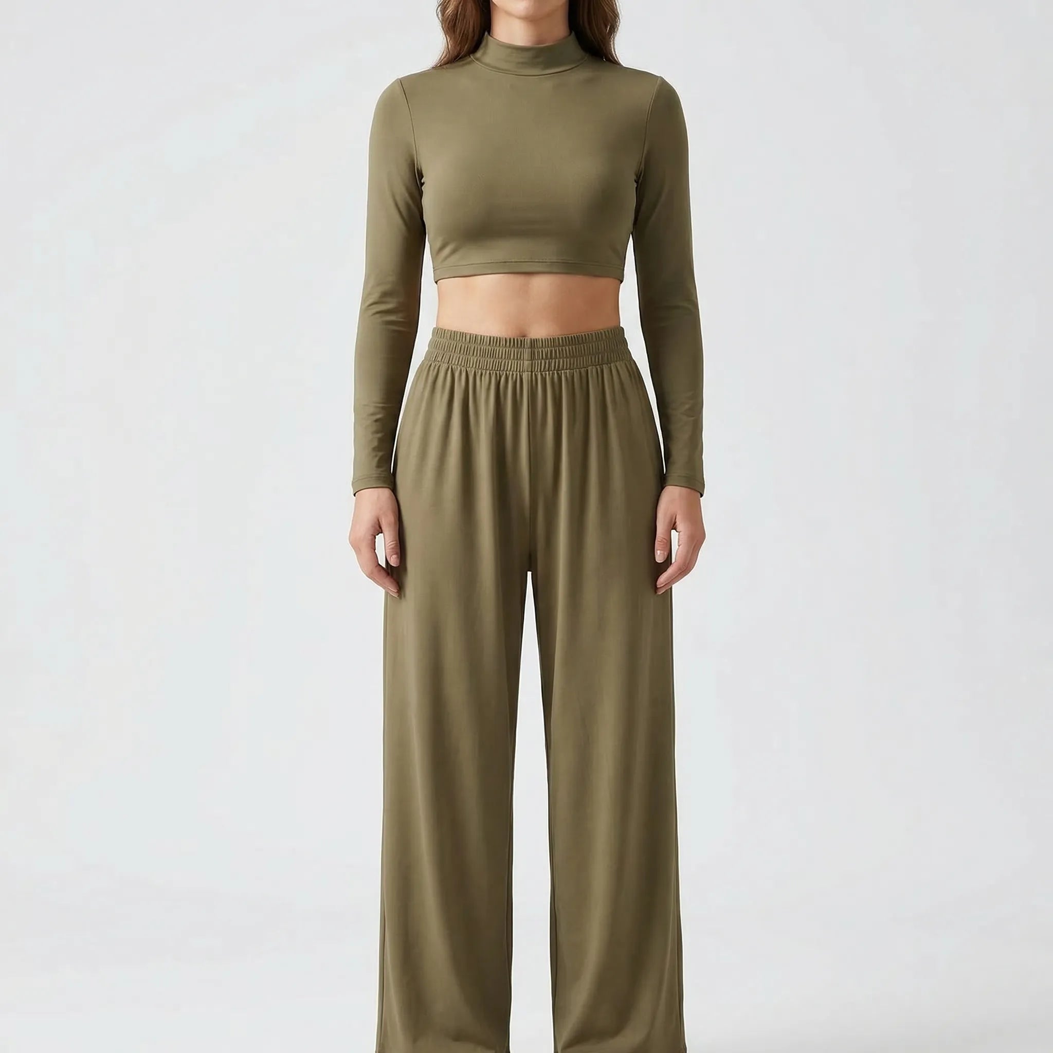Loungewear sæt dame | Crop top med lange ærmer og brede bukser