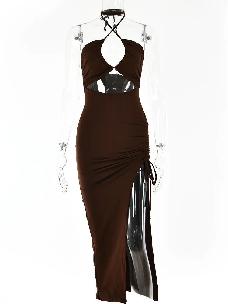 Robe longue pour femme | Robe d'été avec découpe, encolure dos nu et fente