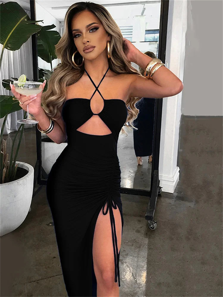 Robe longue pour femme | Robe d'été avec découpe, encolure dos nu et fente