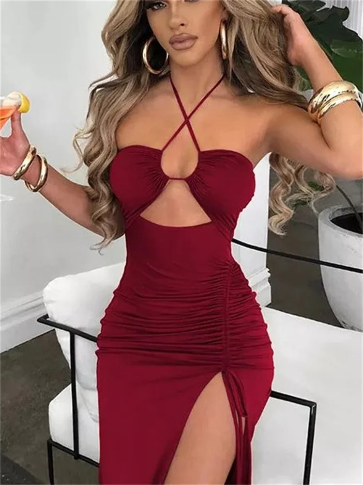 Robe longue pour femme | Robe d'été avec découpe, encolure dos nu et fente