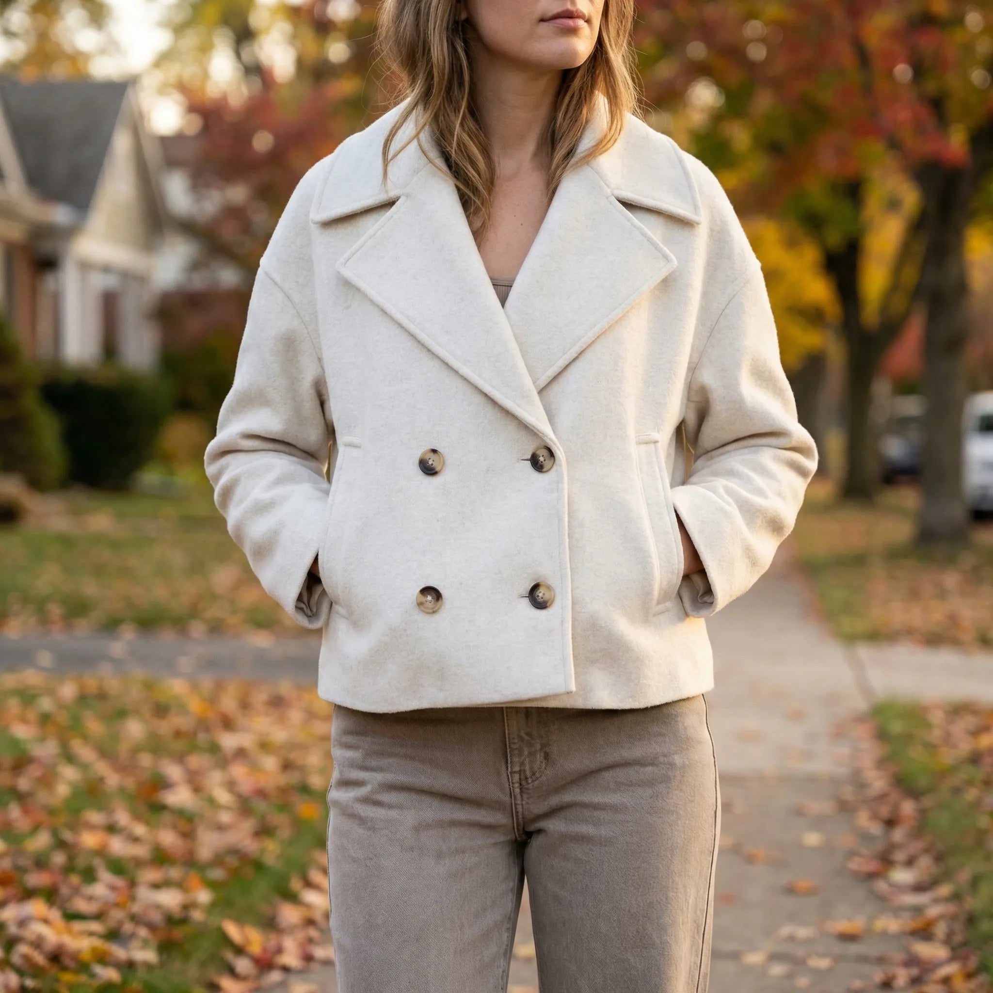 Veste mi-saison pour femme | Veste courte à double boutonnage et col