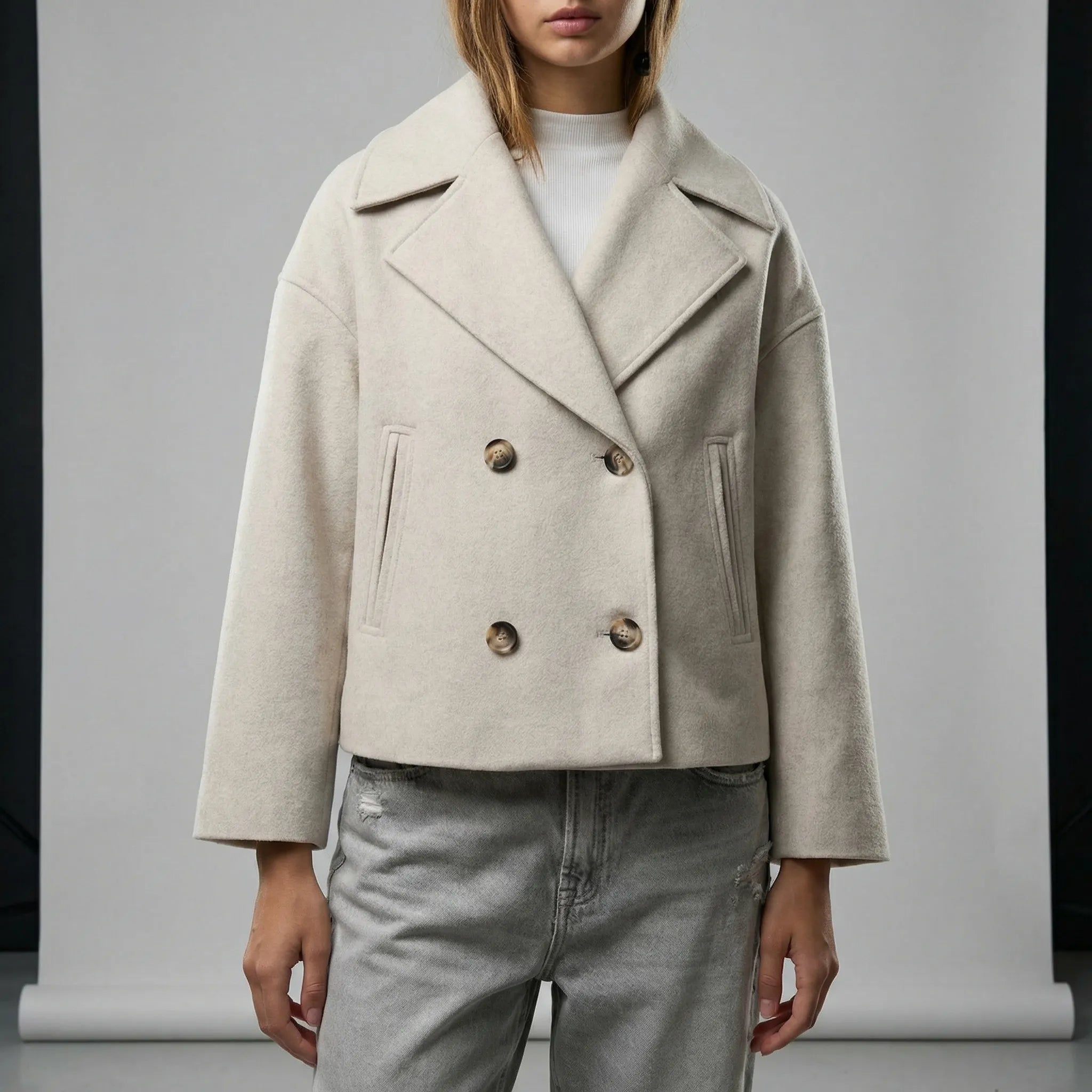Veste mi-saison pour femme | Veste courte à double boutonnage et col