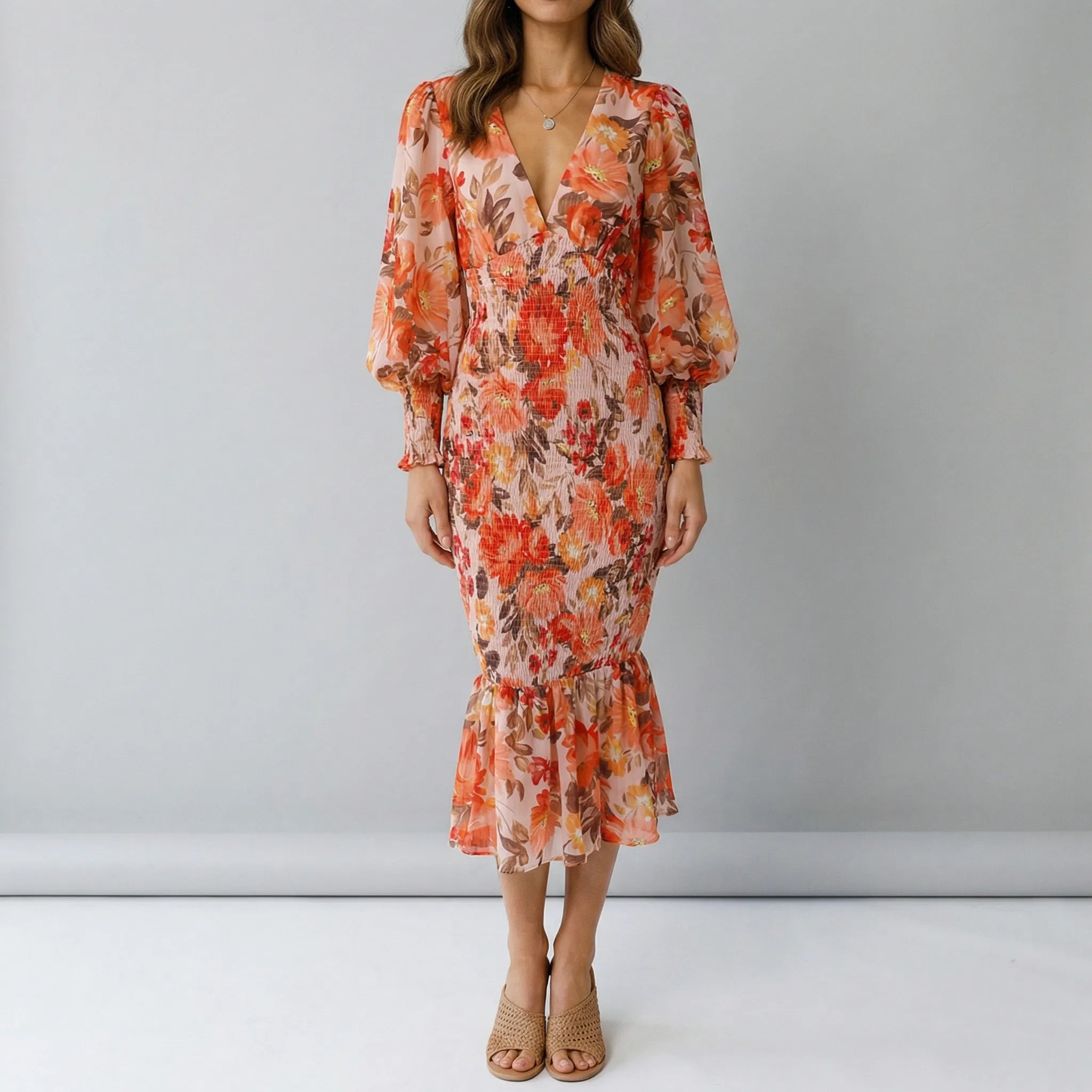 Midi-kjole til damer | Smock-kjole med blomsterprint og lange ærmer