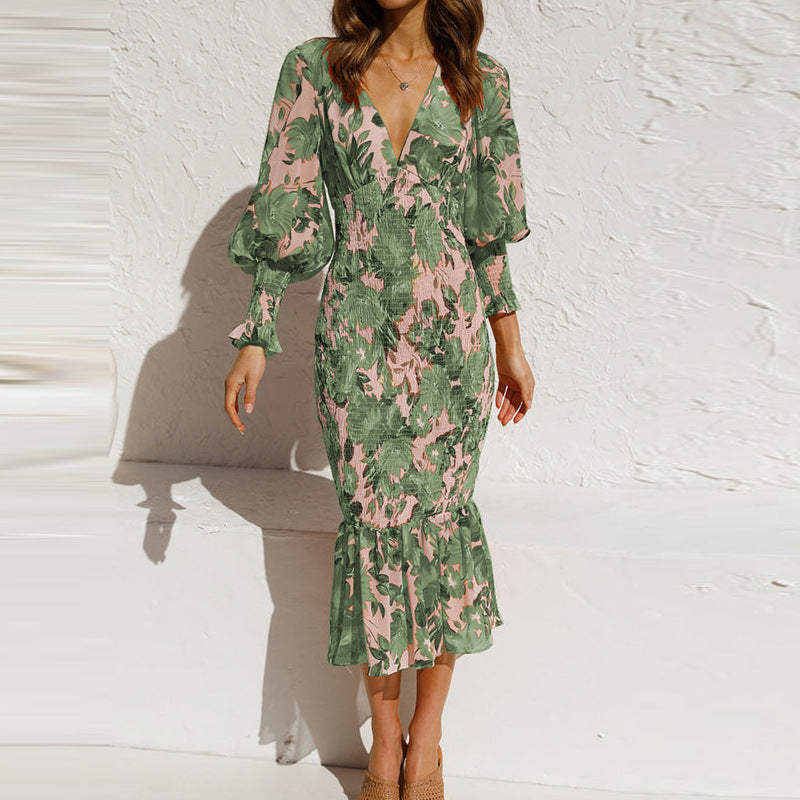 Midi-kjole til damer | Smock-kjole med blomsterprint og lange ærmer