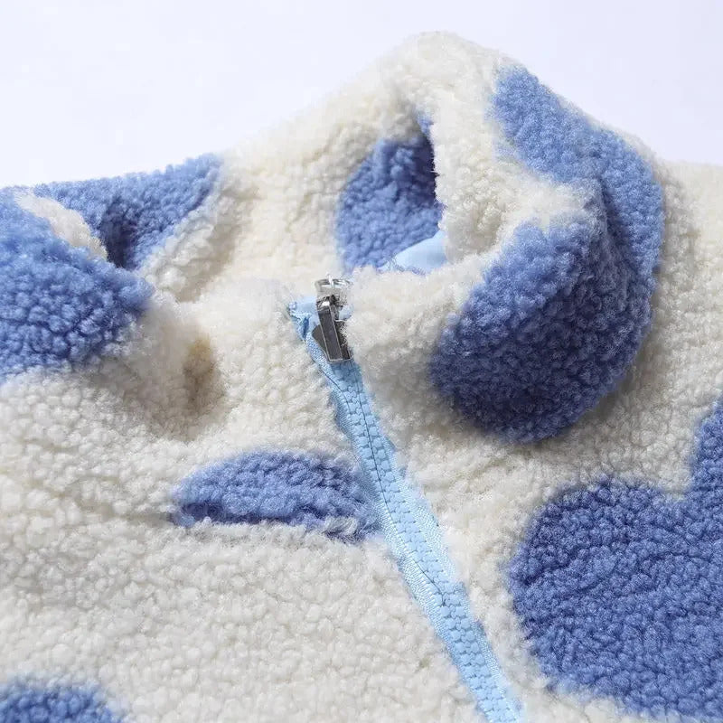 Dame jakke | Fleecejakke med lynlås og hjerteprint