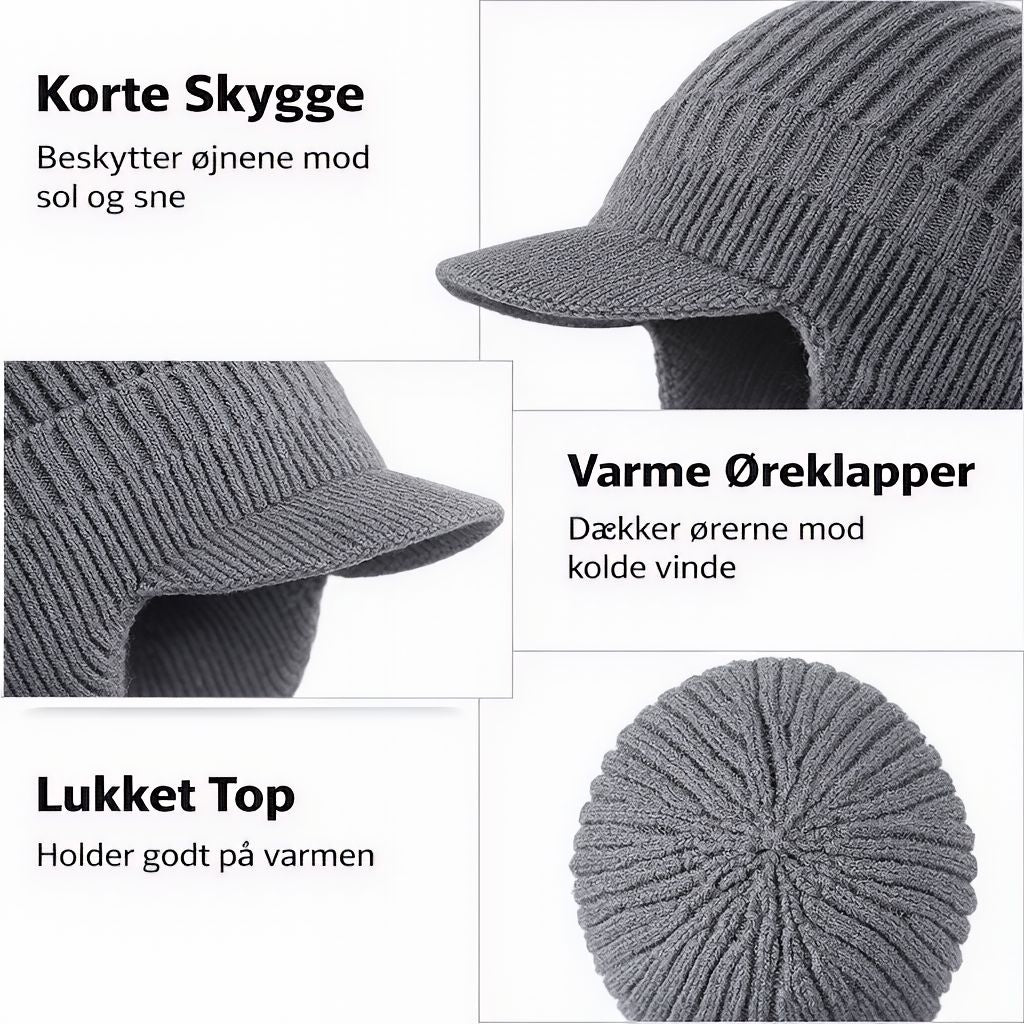 Skandinavisk unisex vinterhue med skygge og ørebeskyttelse – én størrelse