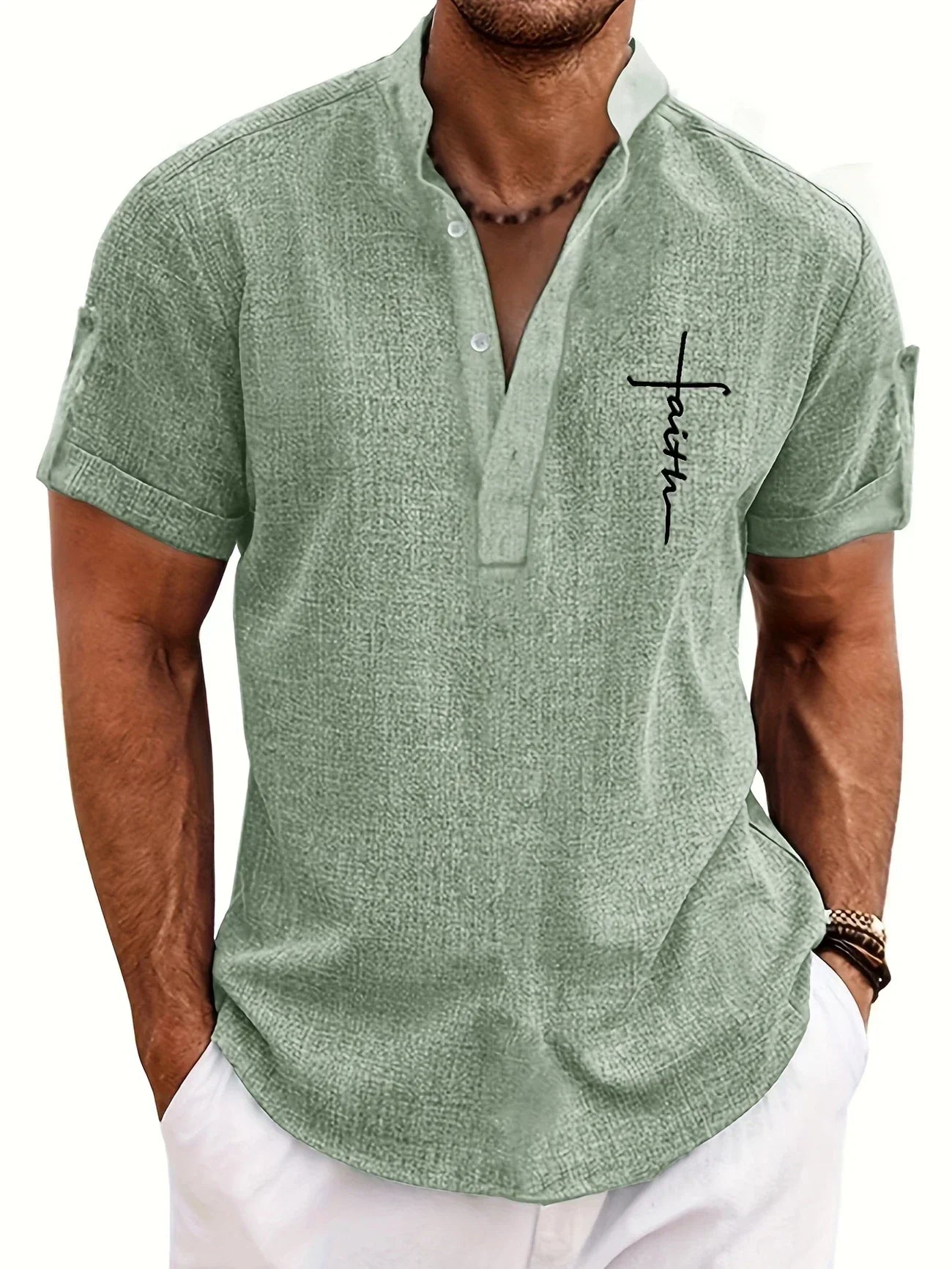 Skjorte herre | Henley shirt med korte ærmer og knapper