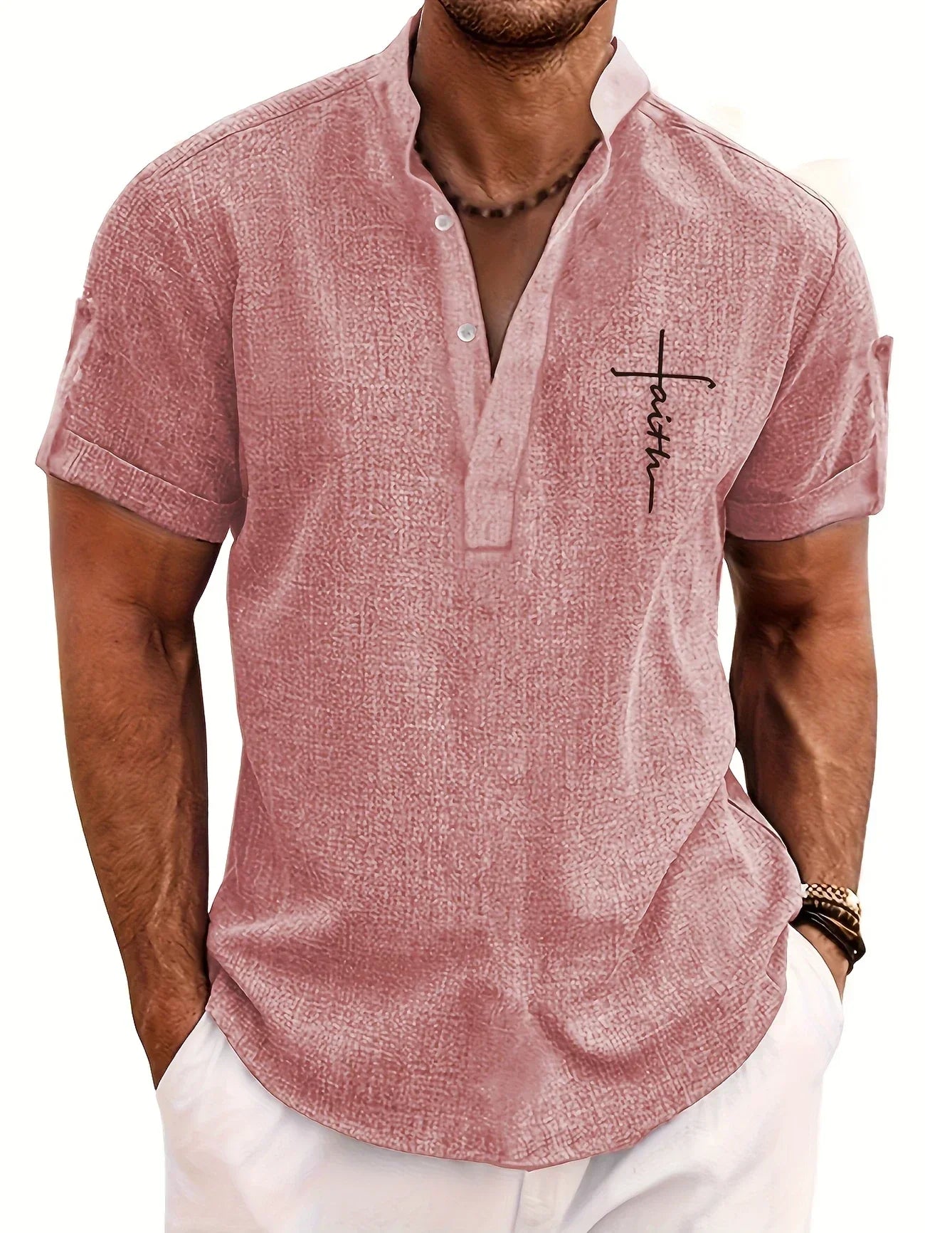 Skjorte herre | Henley shirt med korte ærmer og knapper