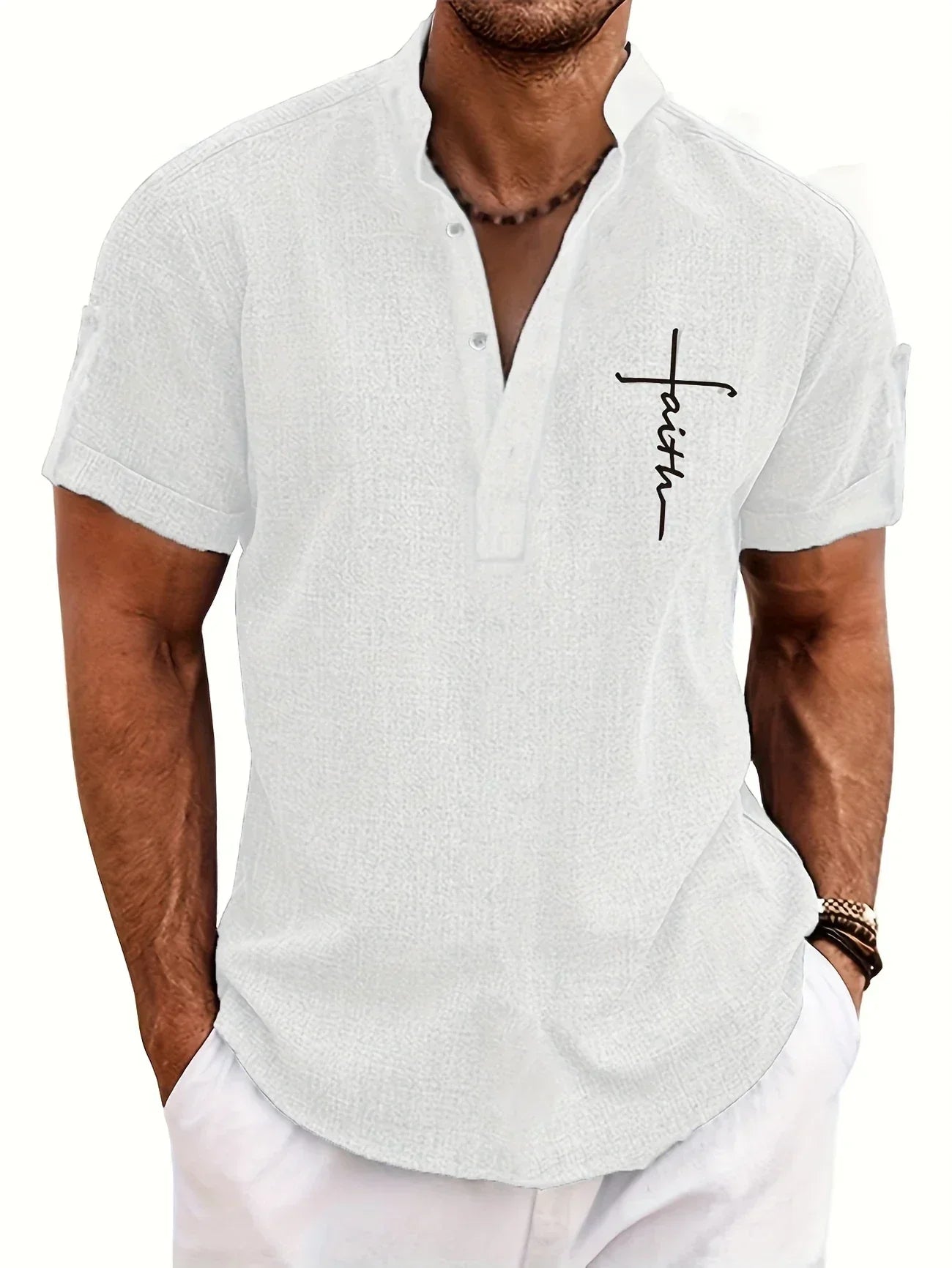 Skjorte herre | Henley shirt med korte ærmer og knapper