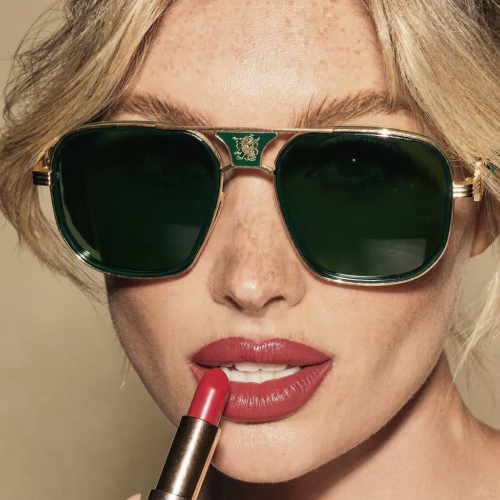 Lunettes de soleil pour femmes | Lunettes aviateur vertes à monture dorée