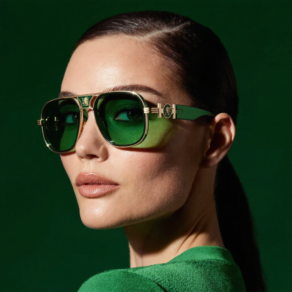 Lunettes de soleil pour femmes | Lunettes aviateur vertes à monture dorée