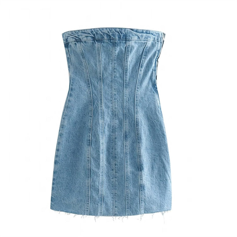 Strapless kjole dame | Denim mini kjole med tætsiddende pasform