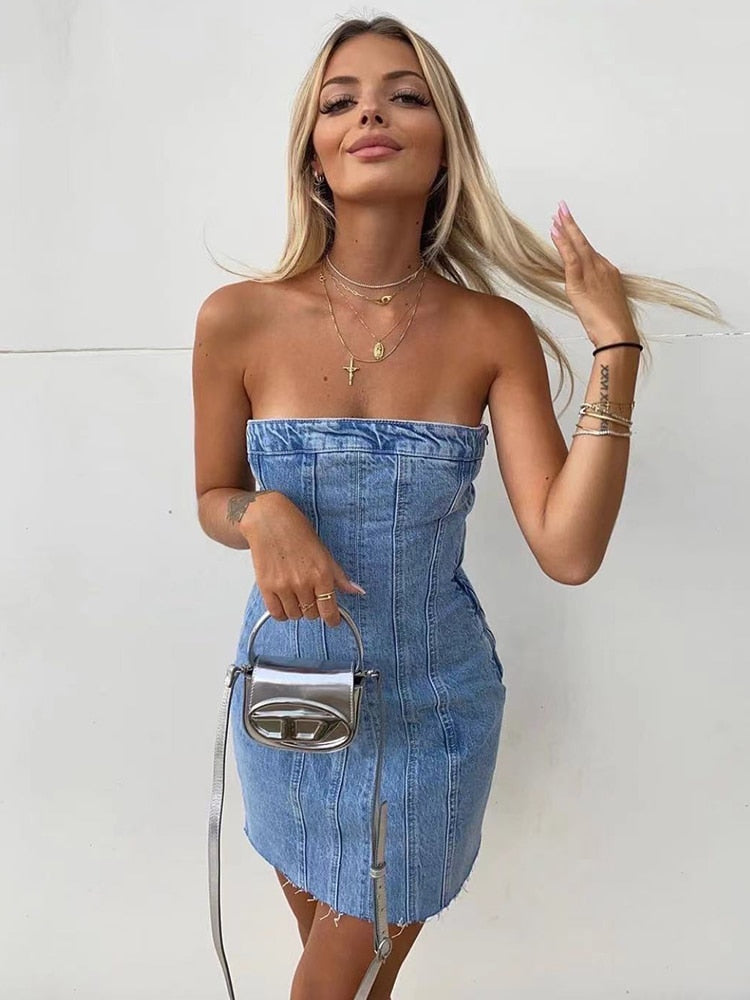Strapless kjole dame | Denim mini kjole med tætsiddende pasform