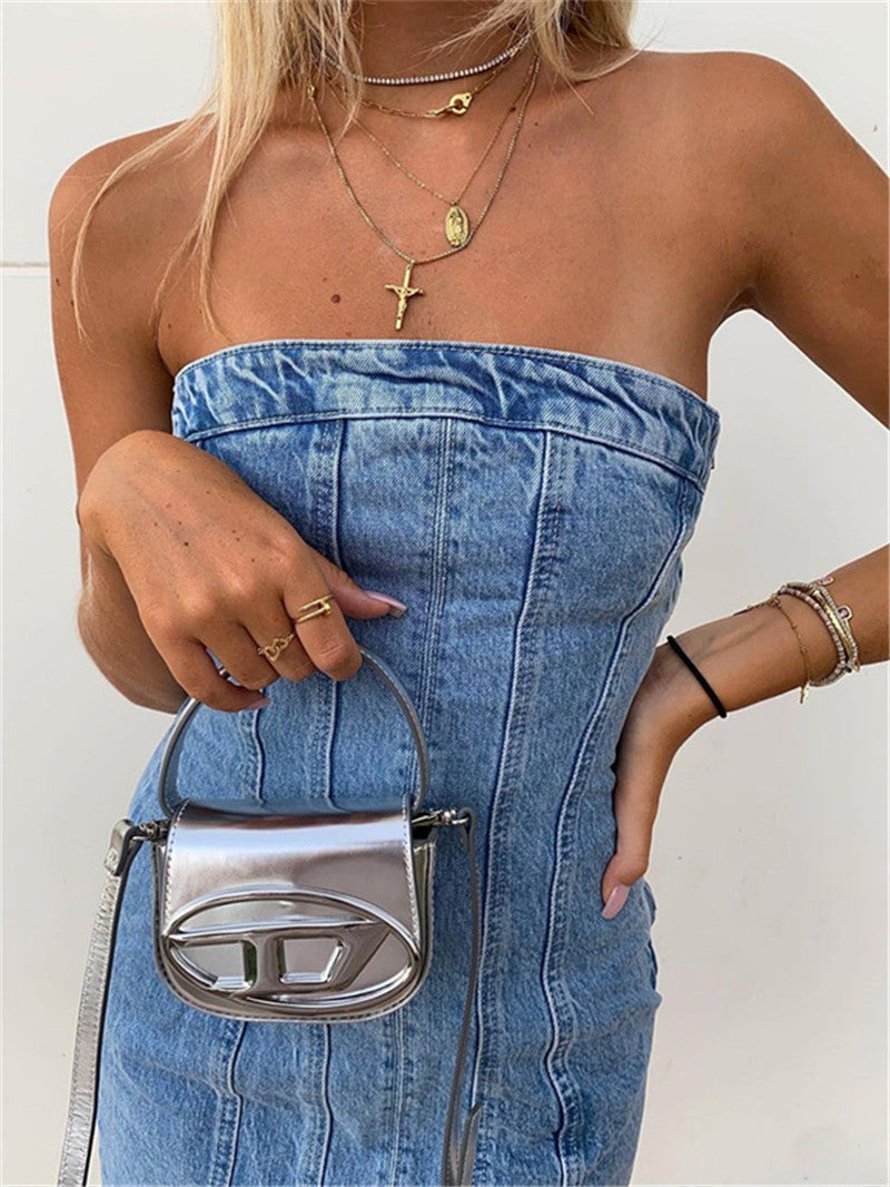 Strapless kjole dame | Denim mini kjole med tætsiddende pasform