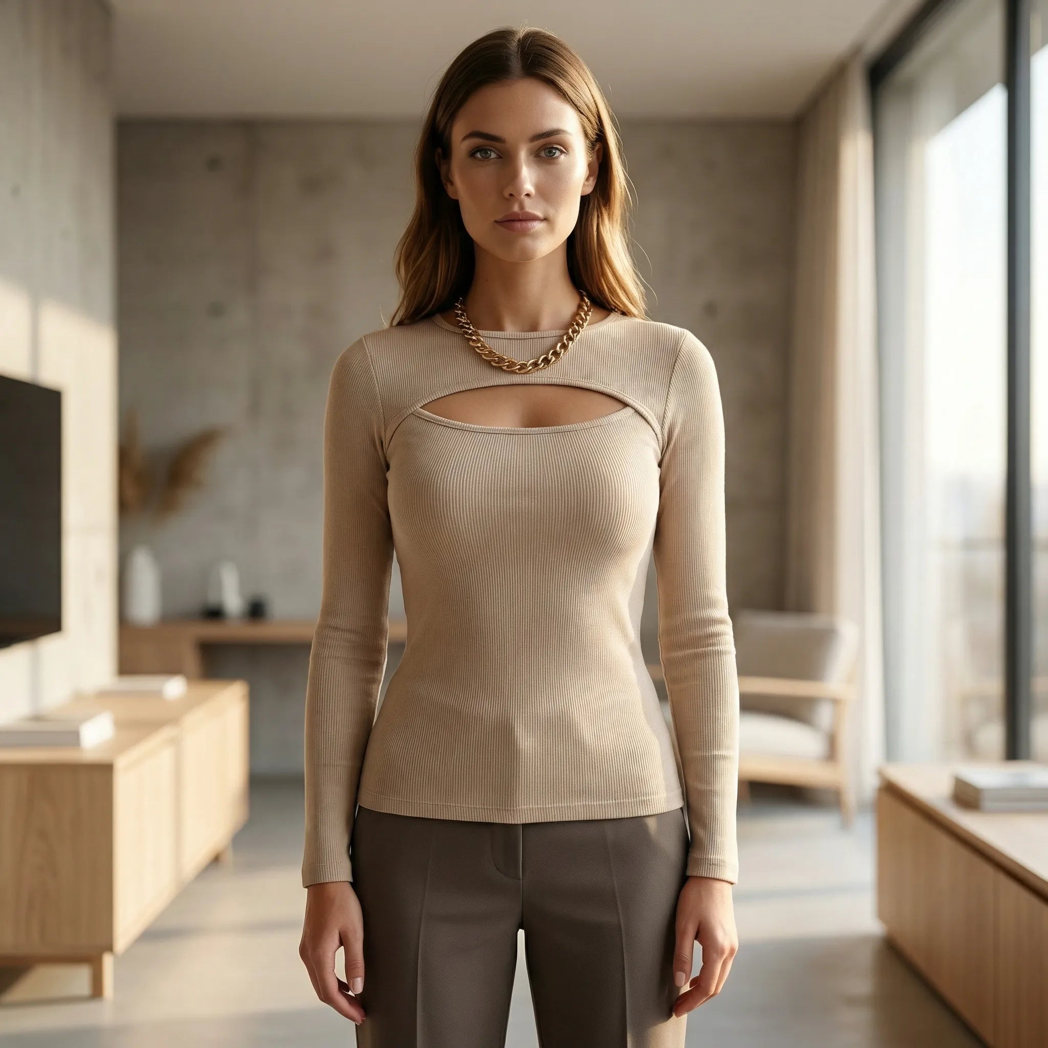 Top dame | Rib top med cut-out og lange ærmer