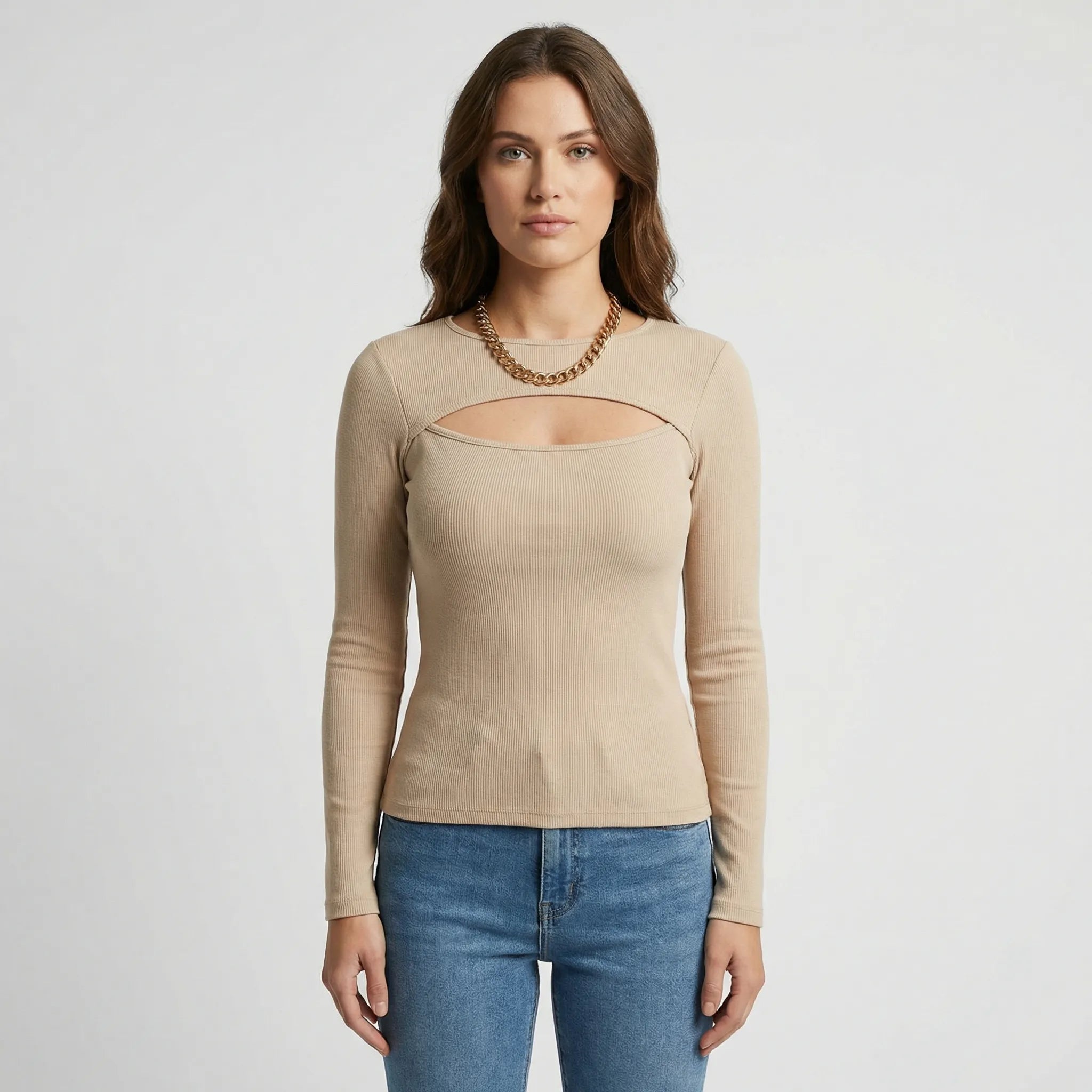Top dame | Rib top med cut-out og lange ærmer