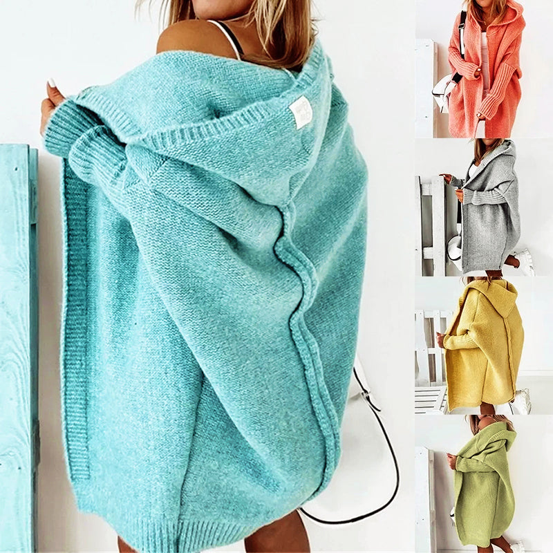 Dame cardigan | Løs striktrøje med hætte og lange ærmer