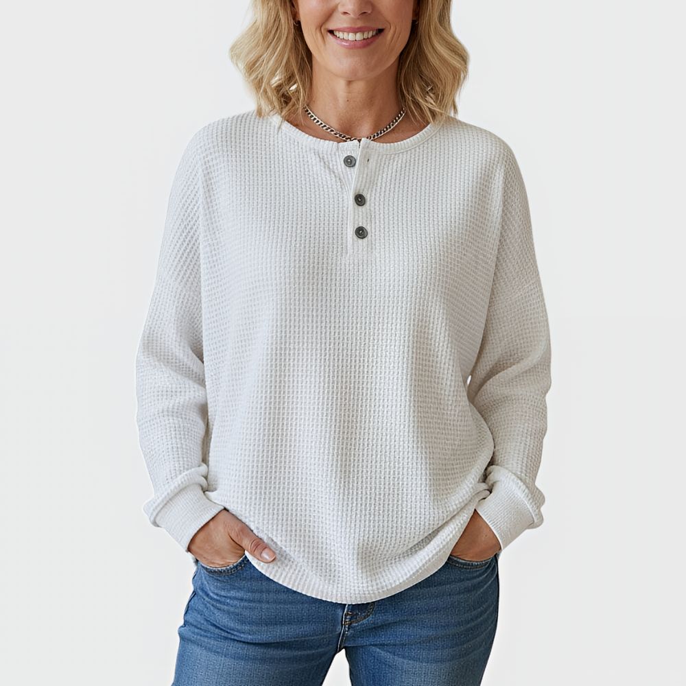 Vaffelstrikket hyggetrøje med knapper – dame