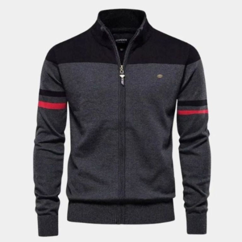 Strikket cardigan med lynlås og opretstående krave til mænd