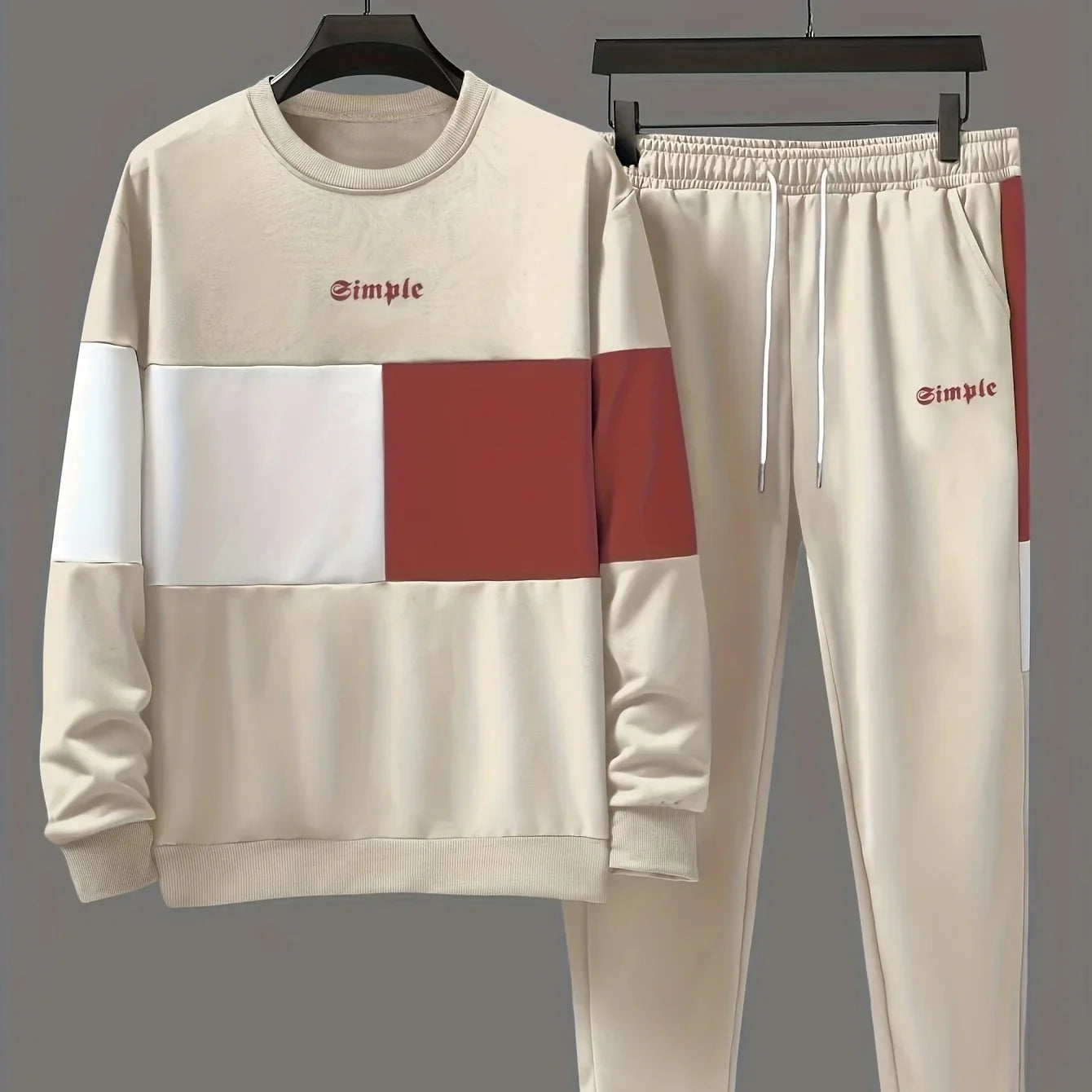 Herre træningsdragt | Beige colorblock sweater med joggingbukser