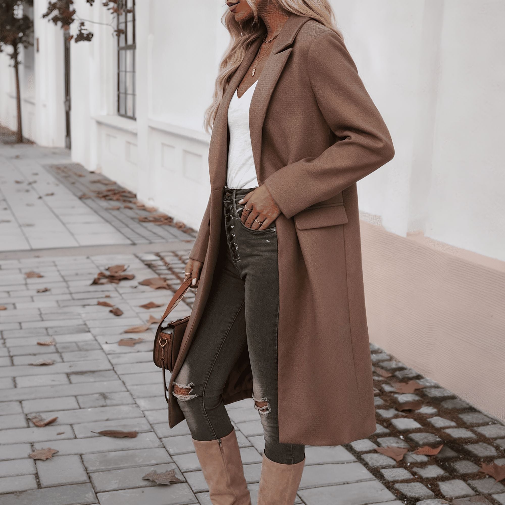 Dame frakke | Lang frakke med reverskrave og knapper